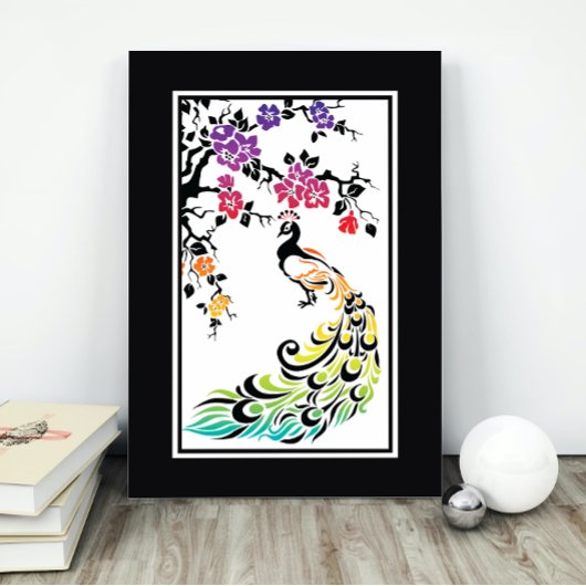Poster Rainbow, black peacock and cherry blossoms