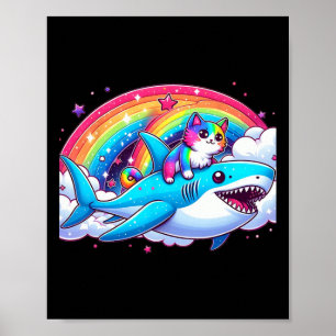 Poster Rainbow Galaxy Chat équitation Requin dans l'espac