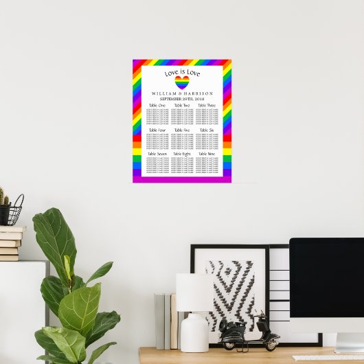 Poster Rainbow Heart Love is Love Mariage Seating Chart (Bureau à domicile)