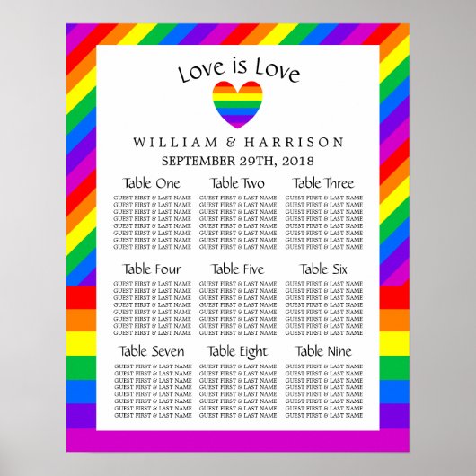 Poster Rainbow Heart Love is Love Mariage Seating Chart (Devant)
