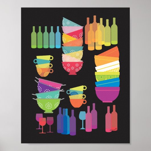 Poster Rainbow Kitchen Mid Century Modern Black Pop Art (Devant)