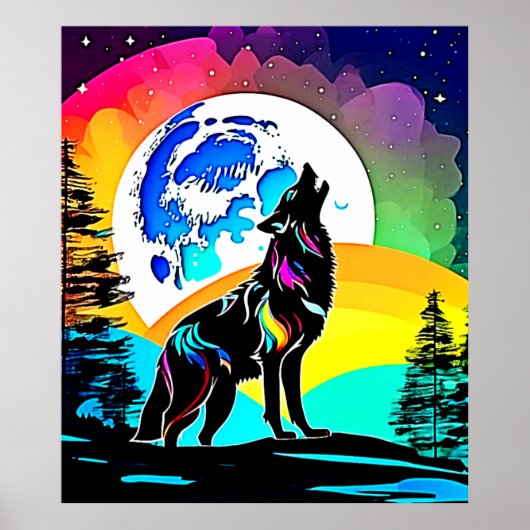 Poster Rainbow Lunar Wolf Howl Art (Devant)