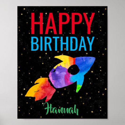Poster Rainbow Rocket Ship Exterspace Anniversaire (Devant)
