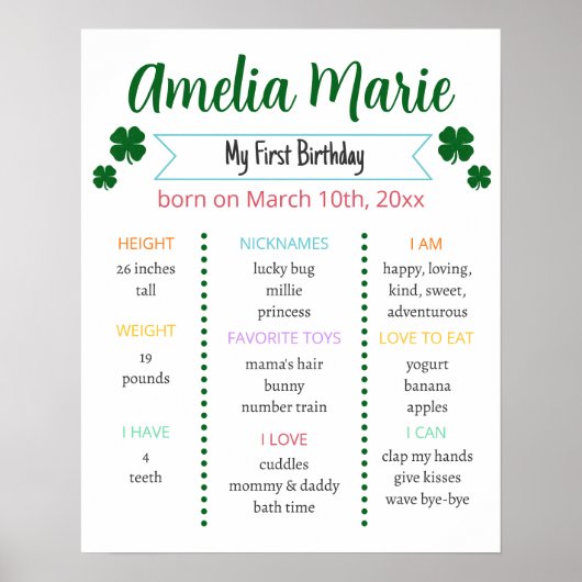 Poster Rainbow & Shamrock Lucky One Anniversaire Mileston (Devant)