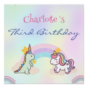 Poster Rainbow Unicorn & Dinosaur Friends Anniversaire Pa