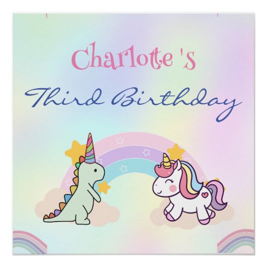 Poster Rainbow Unicorn & Dinosaur Friends Anniversaire Pa (Devant)