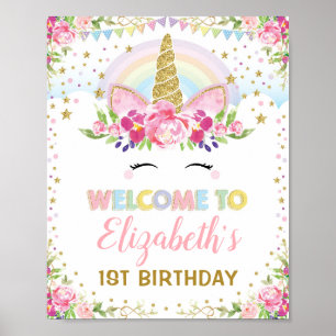 Poster Rainbow Unicorn Pink Gold Floral Birthday Welcome