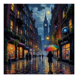 Poster Rainy City Night Walk - Réflexions & Umbrella Art