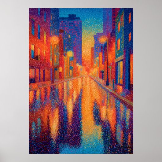 Poster Rainy City Street Pointillism Lights (Devant)