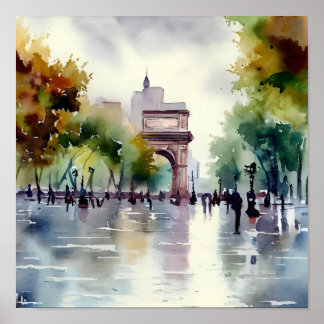 Poster Rainy Day à Washington Carré Park Watercolor Art