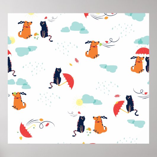 Poster Rainy Day Friends : Chien de chat Vintage (Devant)