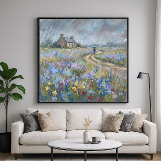 Poster Rainy Garden Stroll - Pastel Painting Style Art