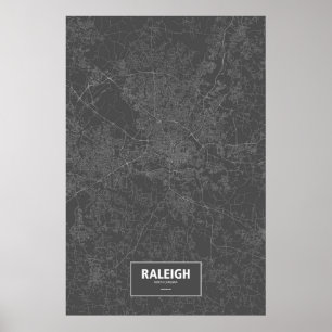 Poster Raleigh, Caroline du Nord (blanc sur noir)