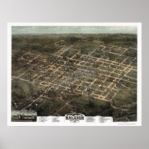 Poster Raleigh, NC Carte panoramique - 1872
