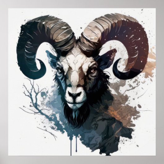 Poster Ram Portrait Animal Peinture Faune Extérieur Art (Devant)