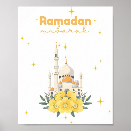 Poster Ramadan Mubarak Mosque Yellow Flowers Wall Print (Devant)