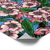 Poster Rameaux bleus dans le cerisier en fleurs sur le bl (Coin)