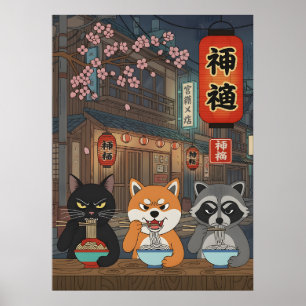 Poster Ramen japonais chat chien Raton laveur Animal Art