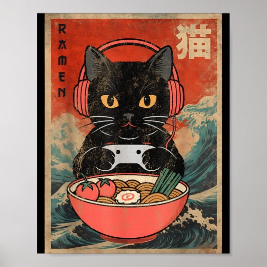 Poster Ramen Japonais de Chat Drôle Graphique Mignon Anim (Devant)