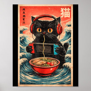 Poster Ramen Japonais de Chat Graphique Drôle Kawaii Chat