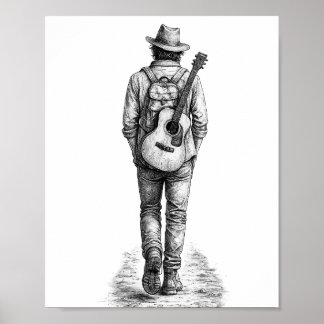 Poster Randonneur Solitaire avec Guitare Croquis au Crayo