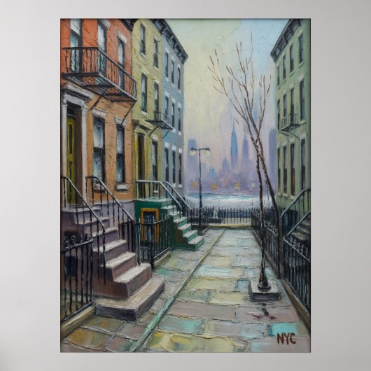 Poster Rangée de brownstones à Brooklyn avec la skyline d (Devant)
