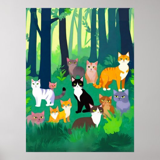 Poster Rassemblement de chats dans une clairière de forêt (Devant)