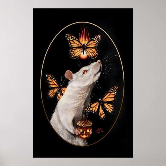 Poster Rat blanc avec papillons monarques Maison gothique (Devant)
