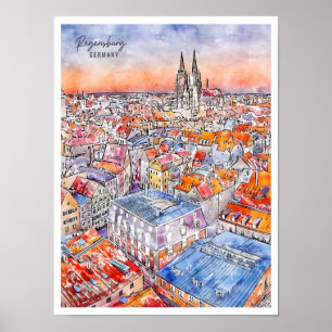 Poster Ratisbonne Allemagne aquarelle de voyage vintage