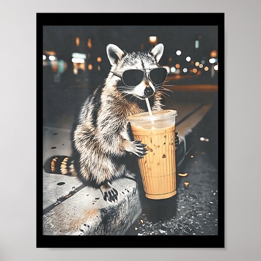 Poster raton laveur buvant un café glacé drôle d'anima (Devant)