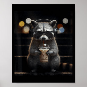 Poster Raton laveur buvant un café glacé mème animal drôl