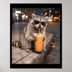 Poster Raton laveur buvant un café glacé mème animal drôl