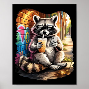 Poster Raton laveur buvant un café glacé mème animal drôl