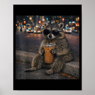 Poster Raton laveur buvant un café glacé mème animal drôl