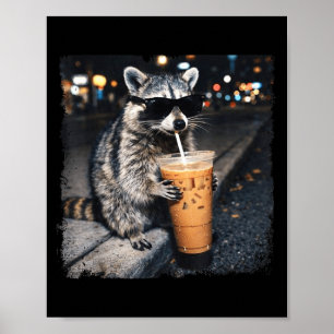 Poster Raton laveur drôle buvant du café glacé animal drô