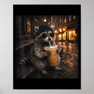 Poster Raton laveur drôle buvant du café glacé mème anima