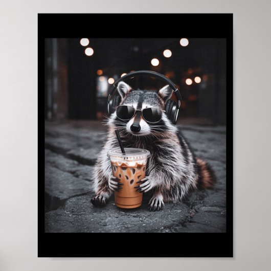 Poster Raton laveur drôle buvant du café glacé mème anima (Devant)