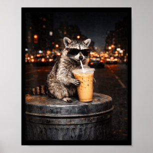 Poster Raton laveur drôle buvant un café glacé animal mèm