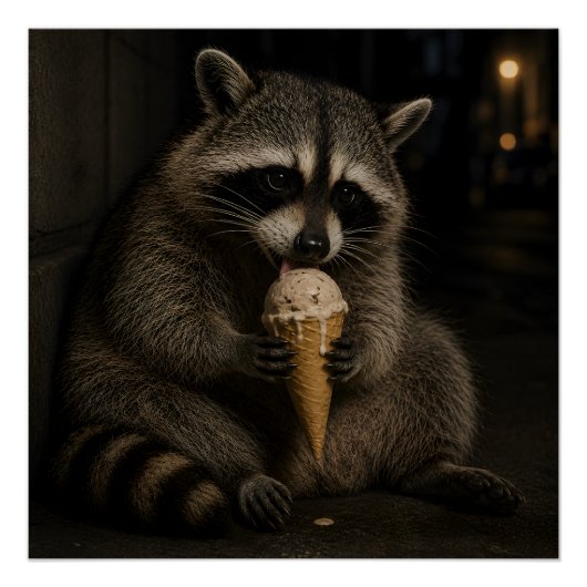 Poster Raton laveur drôle mangeant de la glace (Devant)