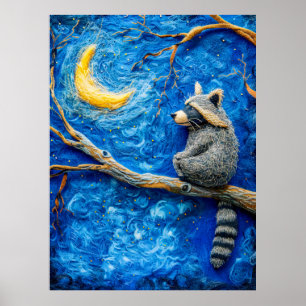 Poster Raton laveur en feutre sur une branche sous la ple