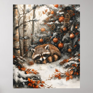 Poster Raton laveur endormi Noël rustique fantaisiste