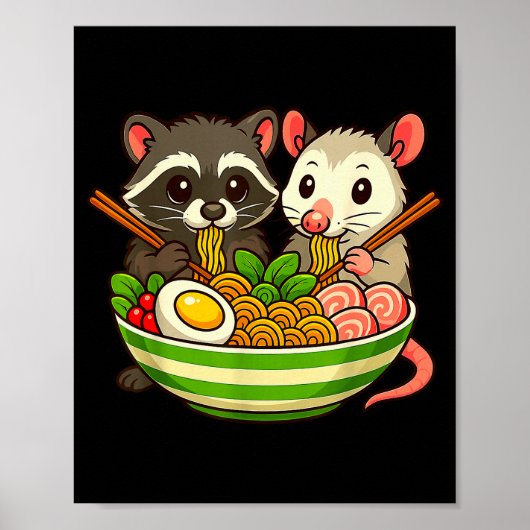 Poster Raton laveur et opossum mangeant des nouilles Rame (Devant)