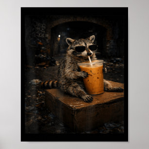 Poster Raton laveur mignon buvant un café glacé drôle