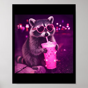 Poster Raton laveur rose drôle buvant du café glacé - mig