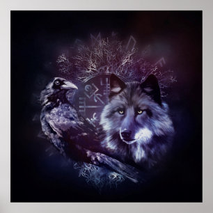 Poster Raven and Wolf - Vegvisir and Tree of life
