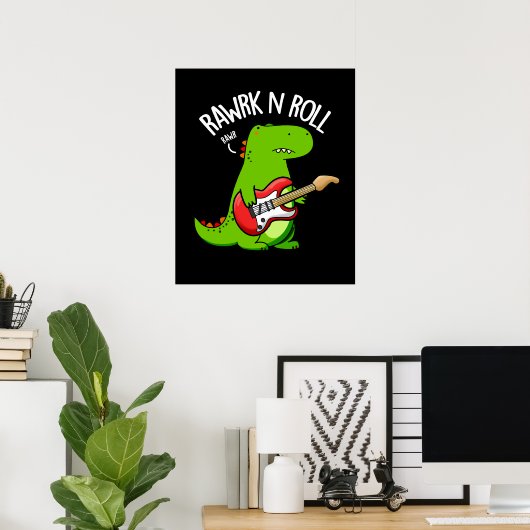 Poster Rawrk Et Roll Funny Rocker Dinosaur Pun Dark BG (Bureau à domicile)