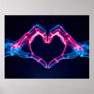 Poster Rayon X des mains en forme de coeur - rose néon et
