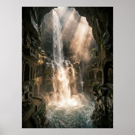 Poster Rayons de soleil sur la cascade de la grotte caché (Devant)