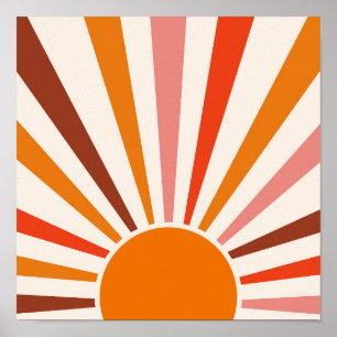 Poster Rayons Soleil Rétro Coucher Soleil Orange Jaune Ro