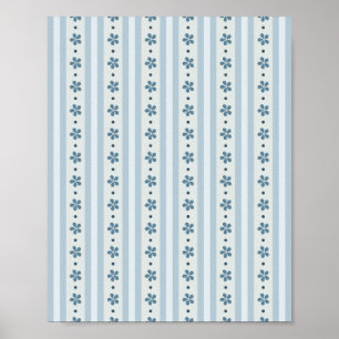 Poster Rayures Bleues Clair Et Fleurs